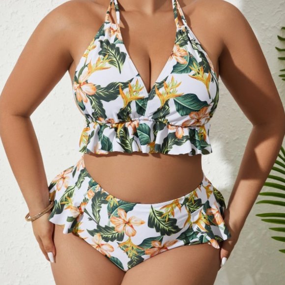 NWOT Plus Tropical Print Ruffle Hem Bikini Swimsuit - Picture 5 of 5
